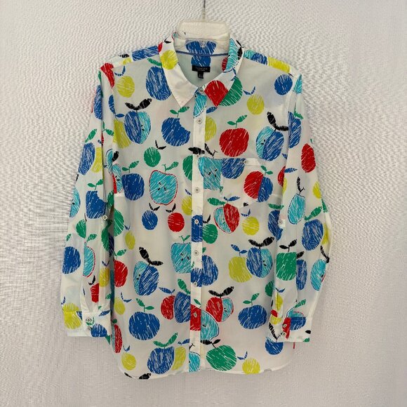 TALBOTS Multi-Color Apple Print Roll Tab Sleeve Shirt - Picture 1 of 5